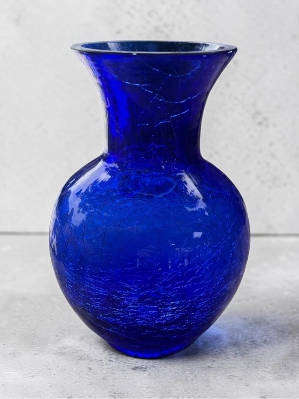 Cobalt Blue Crackle Glass Vase 6” Blue Art Glass Flower Vase